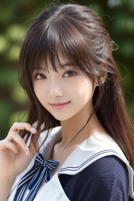 Photo-realistic quality、A Japanese model wearing a sailor suit is posing for a photo, anime girl cosplay, anime cosplay,    anime girl がしゃがんでいる, See-through sailor suit,  anime girl  , Cosplay Photo、 looking at the camera、Detailed and beautiful eyes、Cute smile、 soft and gentle expression 