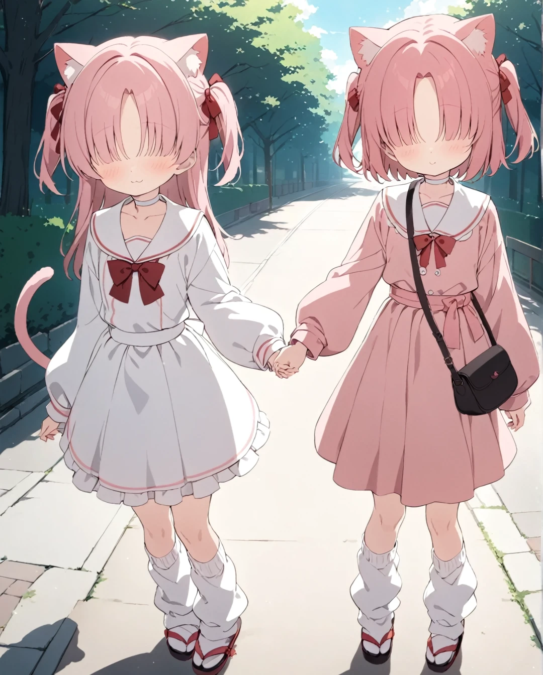 2 little girl,(Chlorella_mob),:3,Cat ear,Cat tail,(no eyes),pink hair,two side up,parted bangs,Pink gothic Lolita,red bow,white choker,loose socks,zouri,handbag,flat chest,holding hands,masterpiece,best quality,anime screencap,outdoors