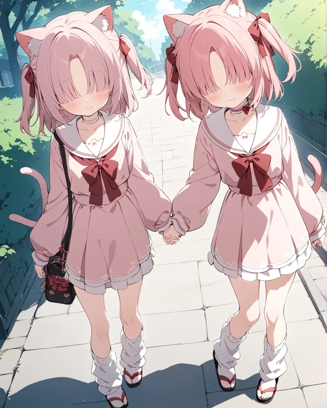 2 little girl,(Chlorella_mob),:3,Cat ear,Cat tail,(no eyes),pink hair,two side up,parted bangs,Pink gothic Lolita,red bow,white choker,loose socks,zouri,handbag,flat chest,holding hands,masterpiece,best quality,anime screencap,outdoors