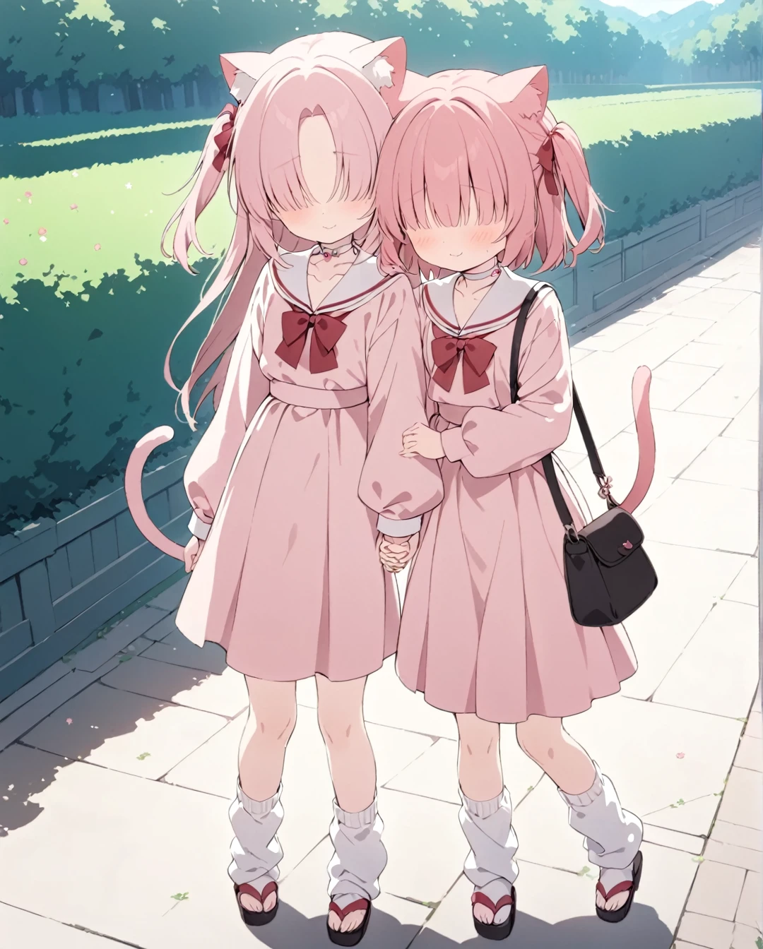 2 little girl,(Chlorella_mob),:3,Cat ear,Cat tail,(no eyes),pink hair,two side up,parted bangs,Pink gothic Lolita,red bow,white choker,loose socks,zouri,handbag,flat chest,holding hands,masterpiece,best quality,anime screencap,outdoors