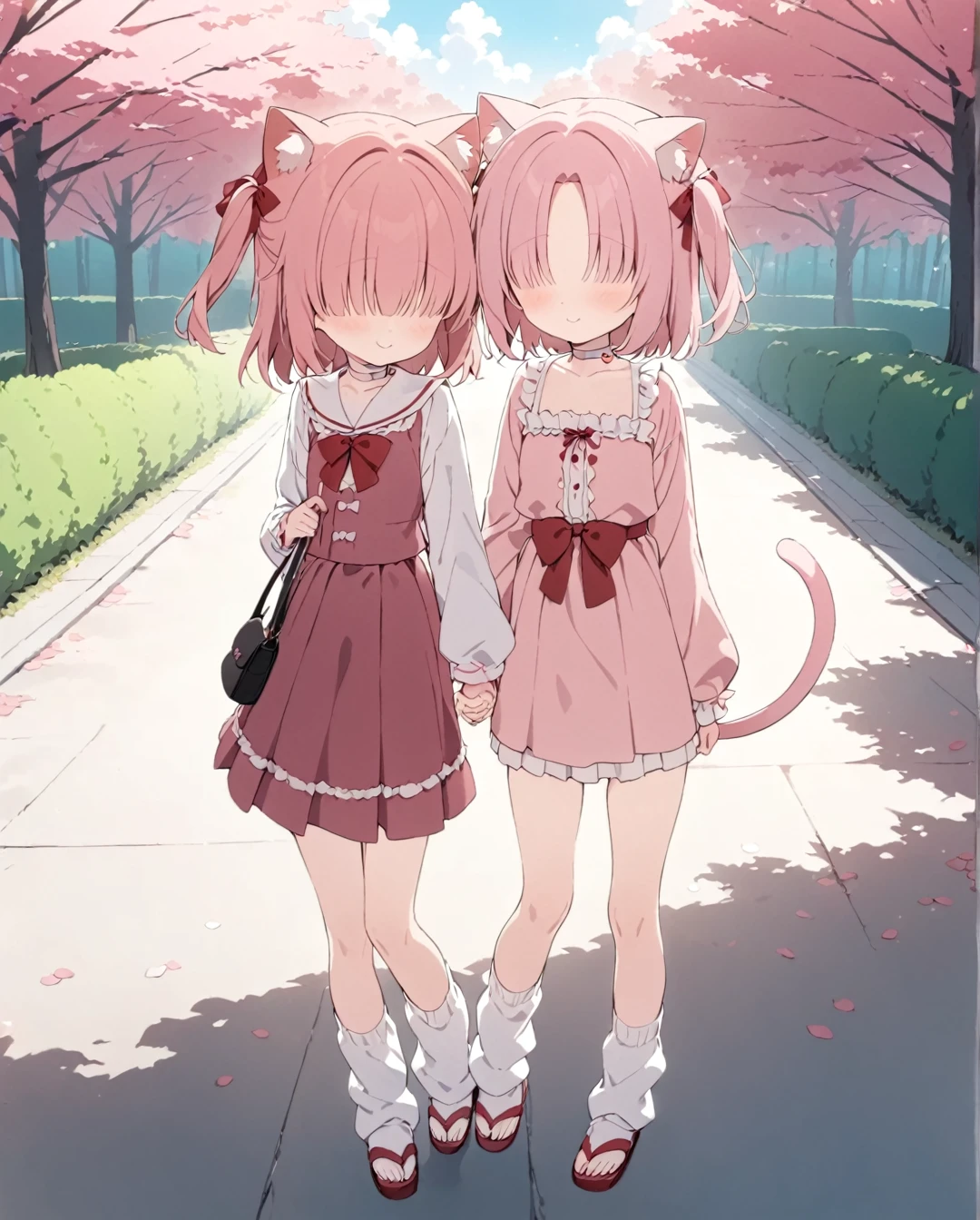 2 ***********,(Chlorella_mob),:3,Cat ear,Cat tail,(no eyes),pink hair,two side up,parted bangs,Pink gothic ****ta,red bow,white choker,loose socks,zouri,handbag,flat chest,holding hands,hug,masterpiece,best quality,anime screencap,outdoors