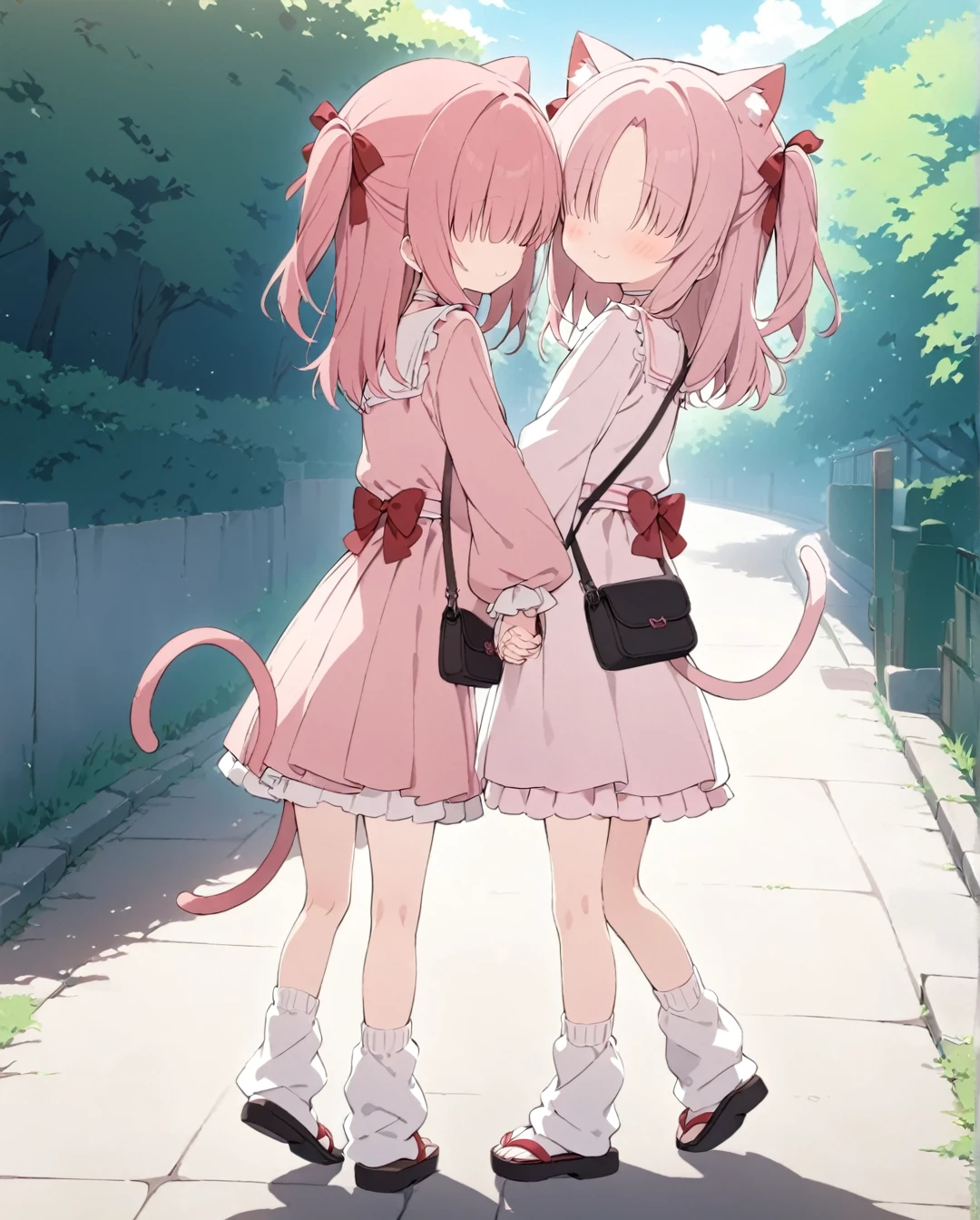 2 little girl,(Chlorella_mob),:3,Cat ear,Cat tail,(no eyes),pink hair,two side up,parted bangs,Pink gothic Lolita,red bow,white choker,loose socks,zouri,handbag,flat chest,holding hands,masterpiece,best quality,anime screencap,outdoors