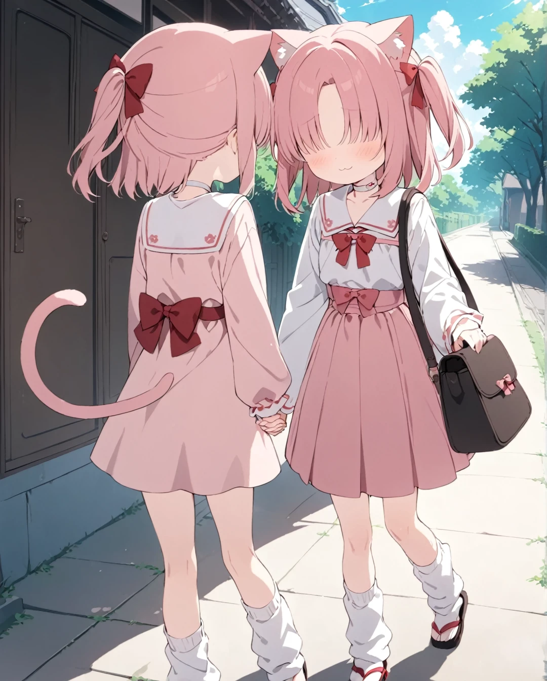 2 little girl,(Chlorella_mob),:3,Cat ear,Cat tail,(no eyes),pink hair,two side up,parted bangs,Pink gothic Lolita,red bow,white choker,loose socks,zouri,handbag,flat chest,holding hands,masterpiece,best quality,anime screencap,outdoors