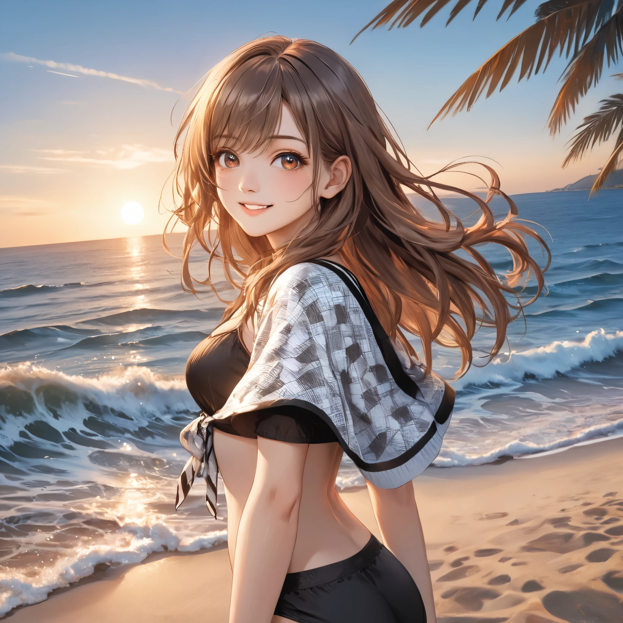 masterpiece, best quality, 8k, highres, ultra-detailed,HDR, UHD, studio lighting, ultra-fine painting, 1girl,solo,   long brown hair,kind smile,windbreaker,very detailed Houndstooth pattern, black bikini, beach cafe Background,soft ocean waves spreading in the distance , Relaxed and cheerful atmosphere  ,  Warm Soft Lights 