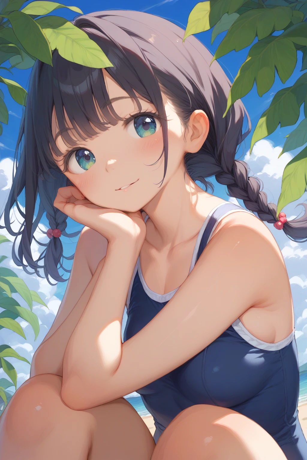  High Quality、Beautiful eyes、Detailed eyes、 cute face、 baby face 、 elementary school students、 swimsuit、Black Hair、 hair with braids、Blue sky and grassland、girl 、whole body、 hair flutters in the wind、Ride an old bike、 chest visible