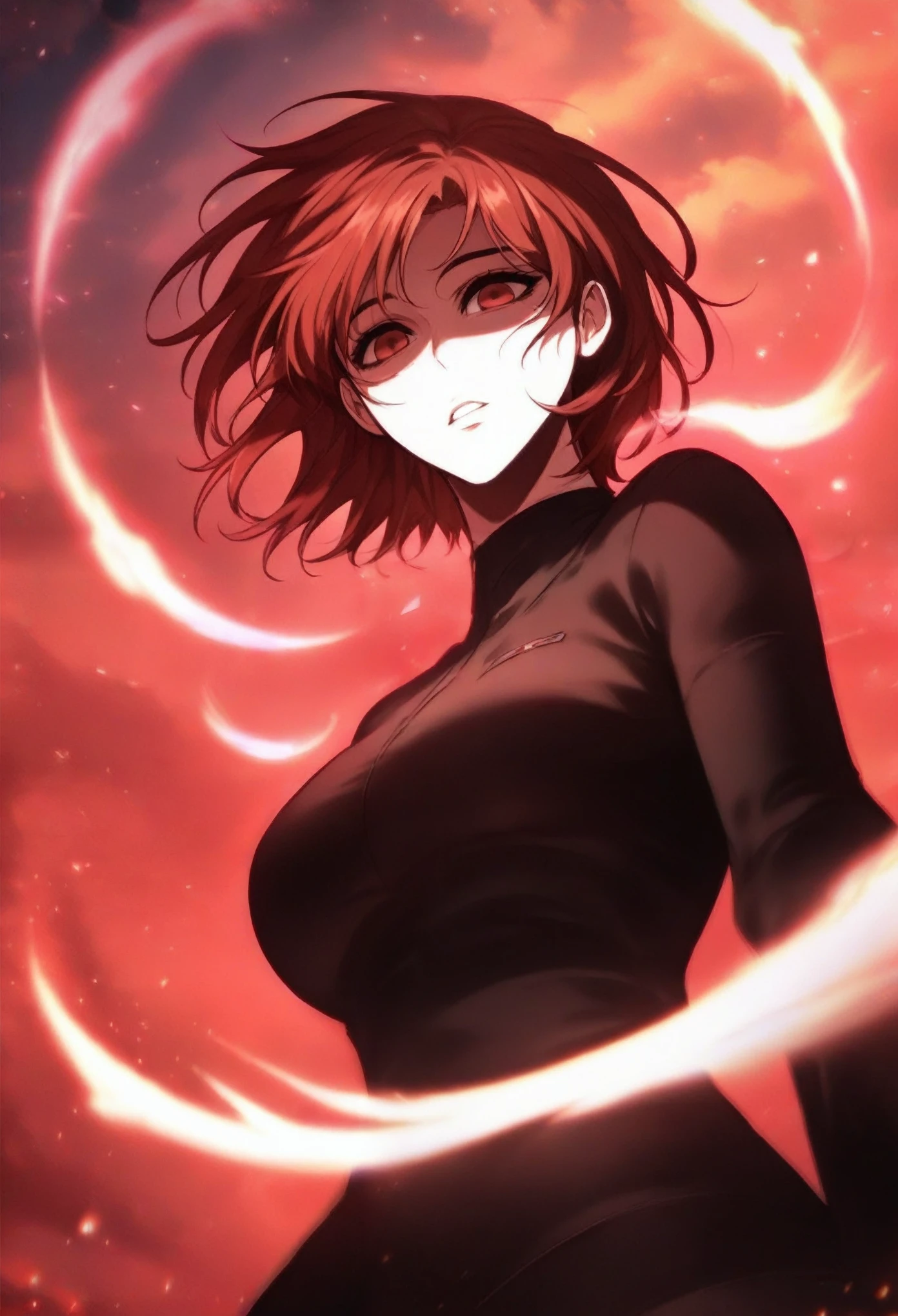 zPDXL3, score_9_up, score_8_up, score_7_up, (Anime_source), Manhwa-artsyle, 1girl, big breast, red eyes, black, short hair, aura, sky, cloudy, dutch angle, looking at viewer, parted lips, floating hair, particles
