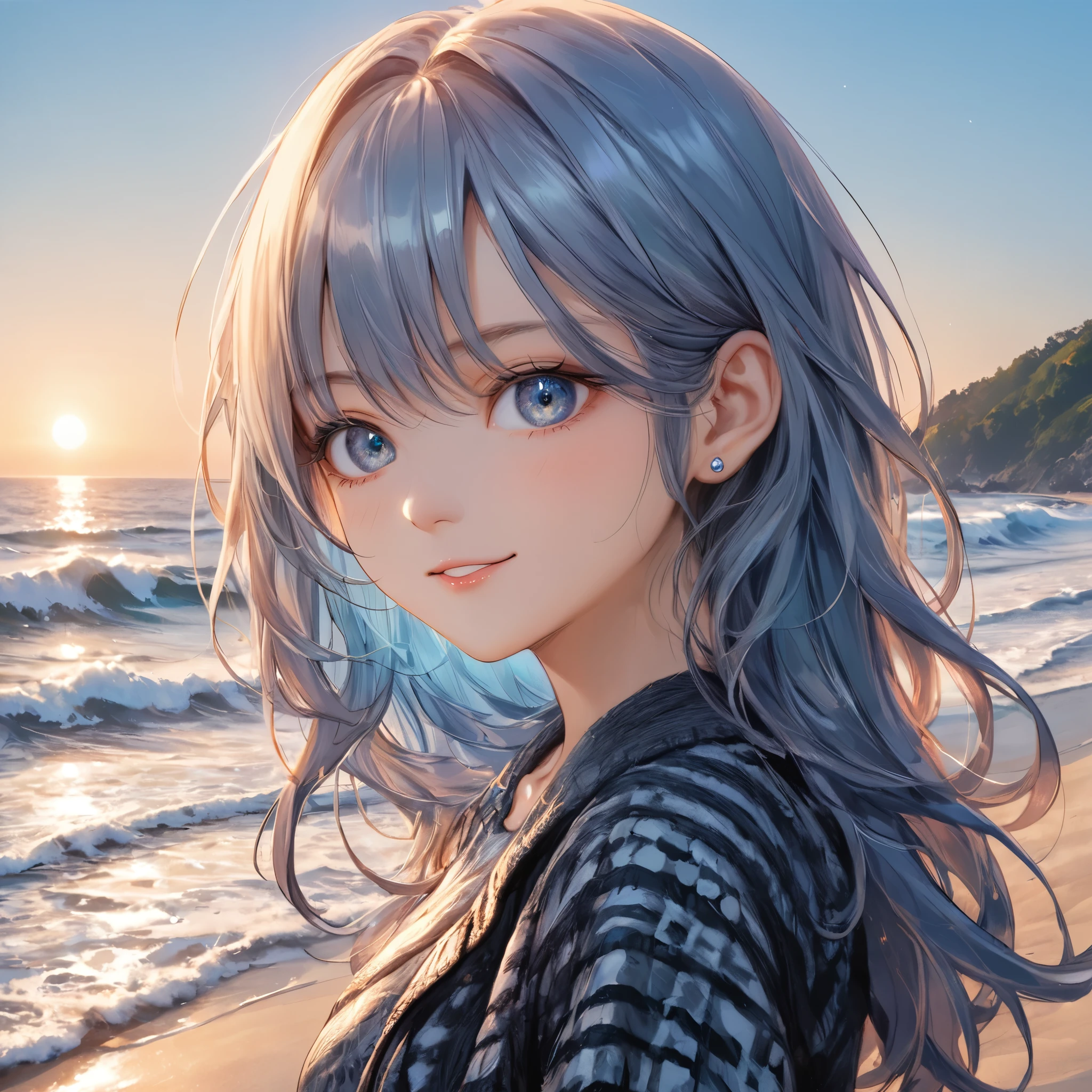 masterpiece, best quality, 8k, highres, ultra-detailed,HDR, UHD, studio lighting, ultra-fine painting, 1girl,solo, crystal cold girl,   long brown hair,smoky blue hair,kind smile,windbreaker,very detailed Houndstooth pattern, black bikini, beach cafe Background,soft ocean waves spreading in the distance , Relaxed and cheerful atmosphere  ,  Warm Soft Lights 