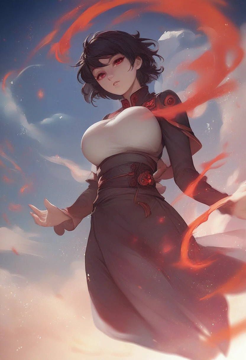 zPDXL3, score_9_up, score_8_up, score_7_up, (Anime_source), Manhwa-artsyle, 1girl, big breast, red eyes, black, short hair, aura, sky, cloudy, dutch angle, looking at viewer, parted lips, floating hair, particles
