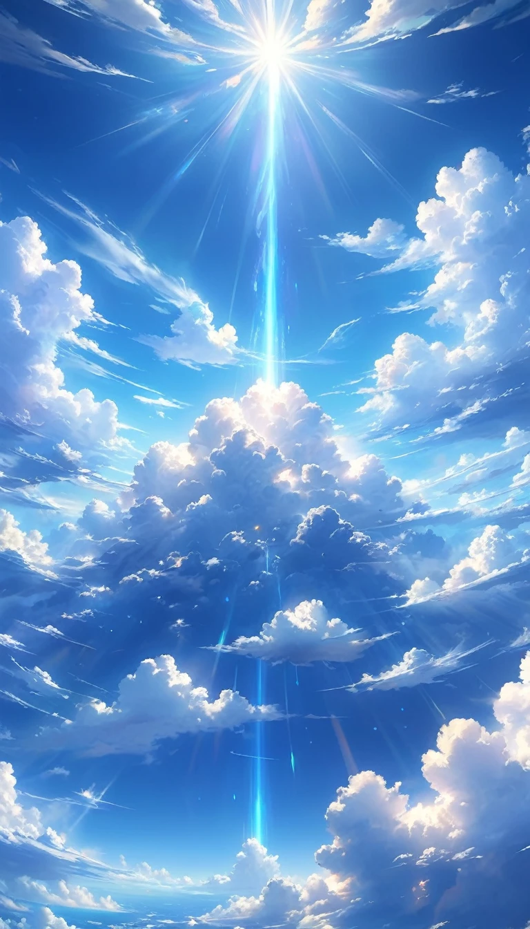 (    Extremely Detailed CG Integrated 8K Wallpaper) (top-quality),     Sun shining 、  intense streaks of light radiate and  。 big,  fluffy white clouds drift around it ,  、  blends into the deep blue sky  。Light illuminates clouds  、 Create soft shadows 、  The earth that spreads out below the sky 、 can be seen faintly through the clouds。 Sunlight is mysterious  、  giving the whole thing a dreamy atmosphere  。

