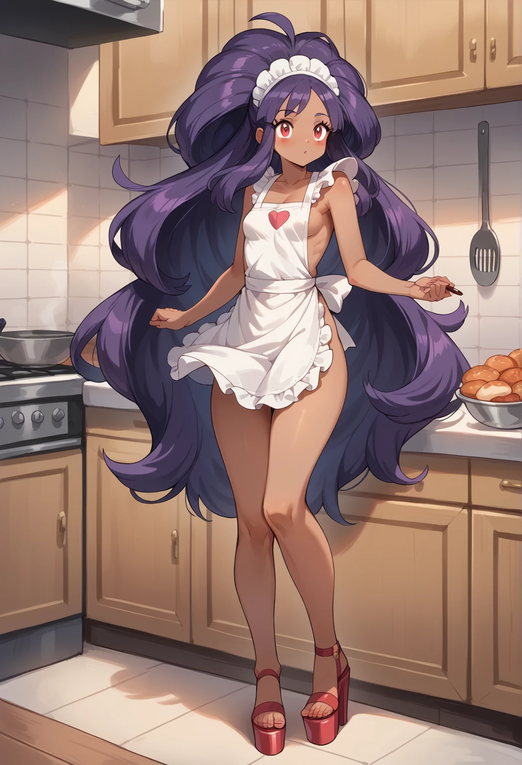 Best Quality, Masterpiece, ultra high resolution, iris \(pokemon\), purple hair, long hair, red eyes, dark skin, big hair,small breasts,  BREAK apr0n, (nude apron),(hot pink:1.3 apron), platform heels, flirting with viewer, standing, kitchen
