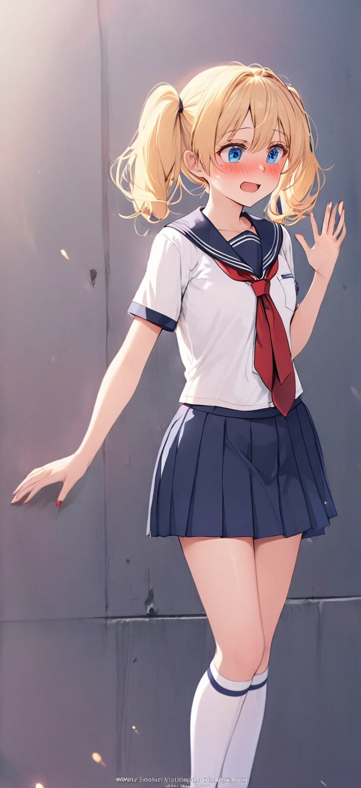 1 woman,High school girl, beautiful woman, white uniform, navy blue skirt,The tie is red,Blonde, Twin Tails,blush, not looking at me,Blue eyes,Looking Down,Embarrassed laugh