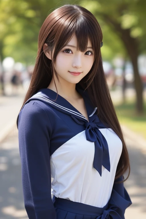 Photo-realistic quality、See-through sailor suitを着た日本人モデルが写真のポーズをとっている, anime girl cosplay, anime cosplay,    anime girl がしゃがんでいる, See-through sailor suit,  anime girl  , Cosplay Photo、 looking at the camera、Detailed and beautiful eyes、Cute smile、 soft and gentle expression 