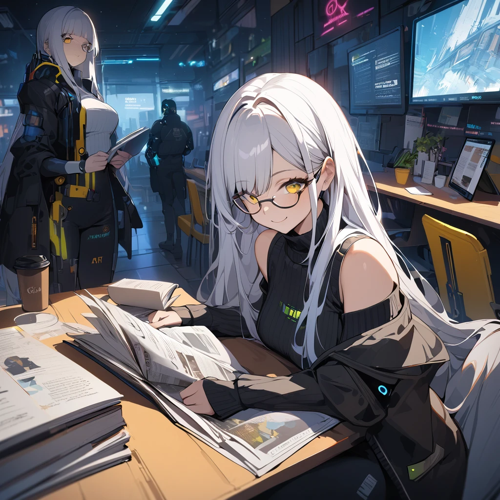 anime, 1girl, She has a book labeled “Sea Art.AI, Off-Shoulder, smile, Meeting, 1girl, solo, long hair, white hair, masterpiece, best quality, very aesthetic, absurdres, bangs, Lots of monitoring, lots of work, glasses,The digital newspaper is unfolded and read, Stylish cafe, (cyberpunk:1.4), yellow eyes,