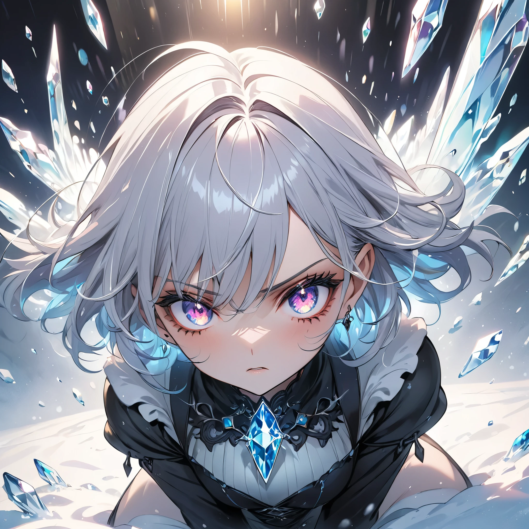 (masterpiece, best quality:1.2),ground shot, crystal freezing girl, intimidating eyes, eyes:0.5,Condescending eyes, solo,divine shine,dark gothic