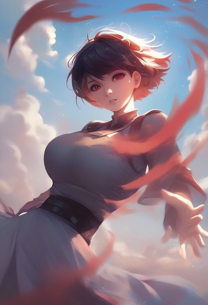 zPDXL3, score_9_up, score_8_up, score_7_up, (Anime_source), Manhwa-artsyle, 1girl, big breast, red eyes, black, short hair, aura, sky, cloudy, dutch angle, looking at viewer, parted lips, floating hair, particles
