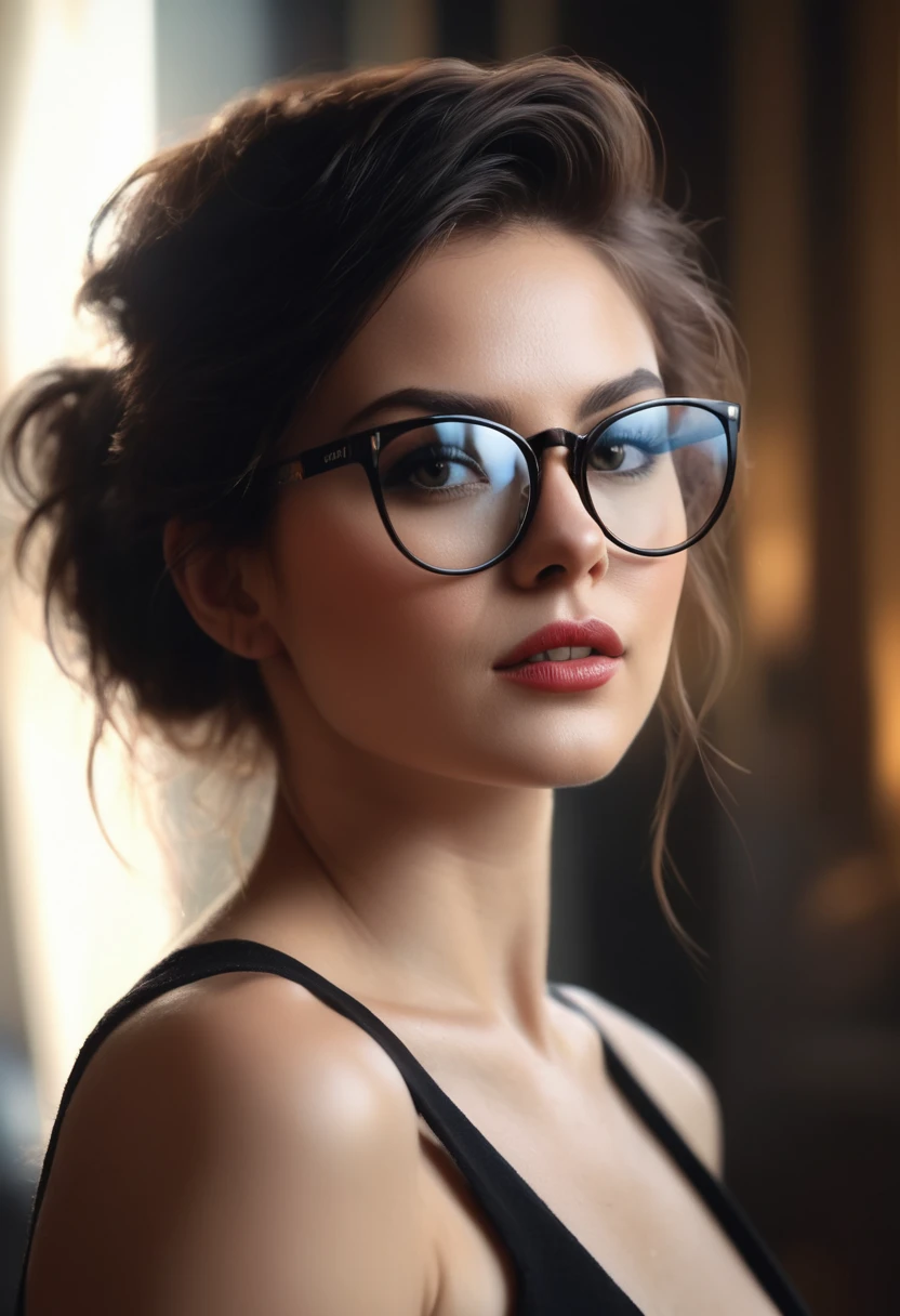 mj, RTX, 4k, HDR, Anna Razumovskaya, Casey Baugh, Antonio Mora, Aminola Rezai, Giovanni Boldini, art, realistic art. Cat indoors looking at me wearing black rimmed round glasses, photo realistic, film grain, static film, bokeh, intricate details, perfect composition, beautiful detailed complexity crazy detailed octane rendering, 4k fine art photography, Photorealistic concept art, soft natural roll film perfect light, chiaroscuro, award winning photography, masterpiece, oil painting on canvas,