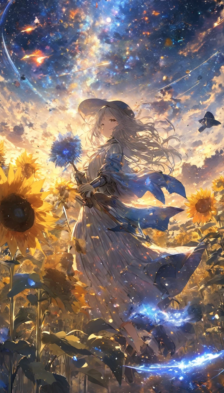 masterpiece, The Artwork is a Masterpiece , panorama, in the center, shape, wide shot, 1 girl, garden, Knight , (meteor), Space galaxy background, (A stunning composition, epic proportions ), dynamic lighting, bright colors, momentary girl with long gray hair、 sunflower、Nemophila、shadow、 student council election poster 、shadow文字