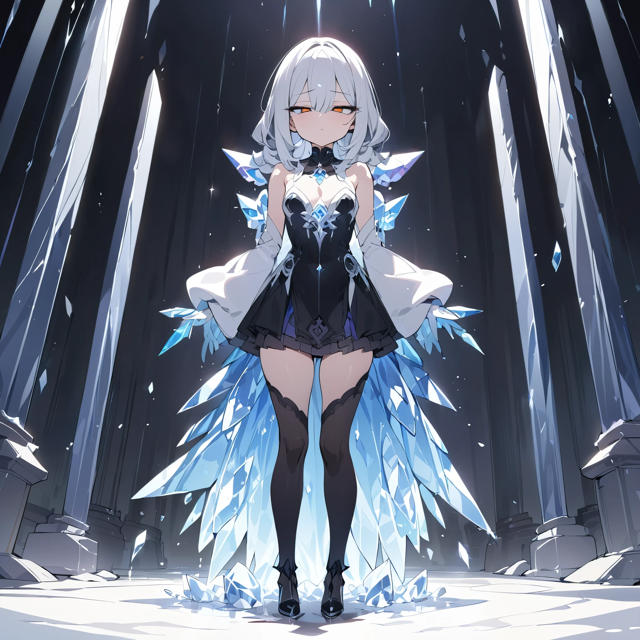 (masterpiece, best quality:1.2),ground shot,full body, crystal freezing girl, half-closed eyes, jitome ,intimidating eyes,Condescending eyes, solo,divine shine,dark gothic