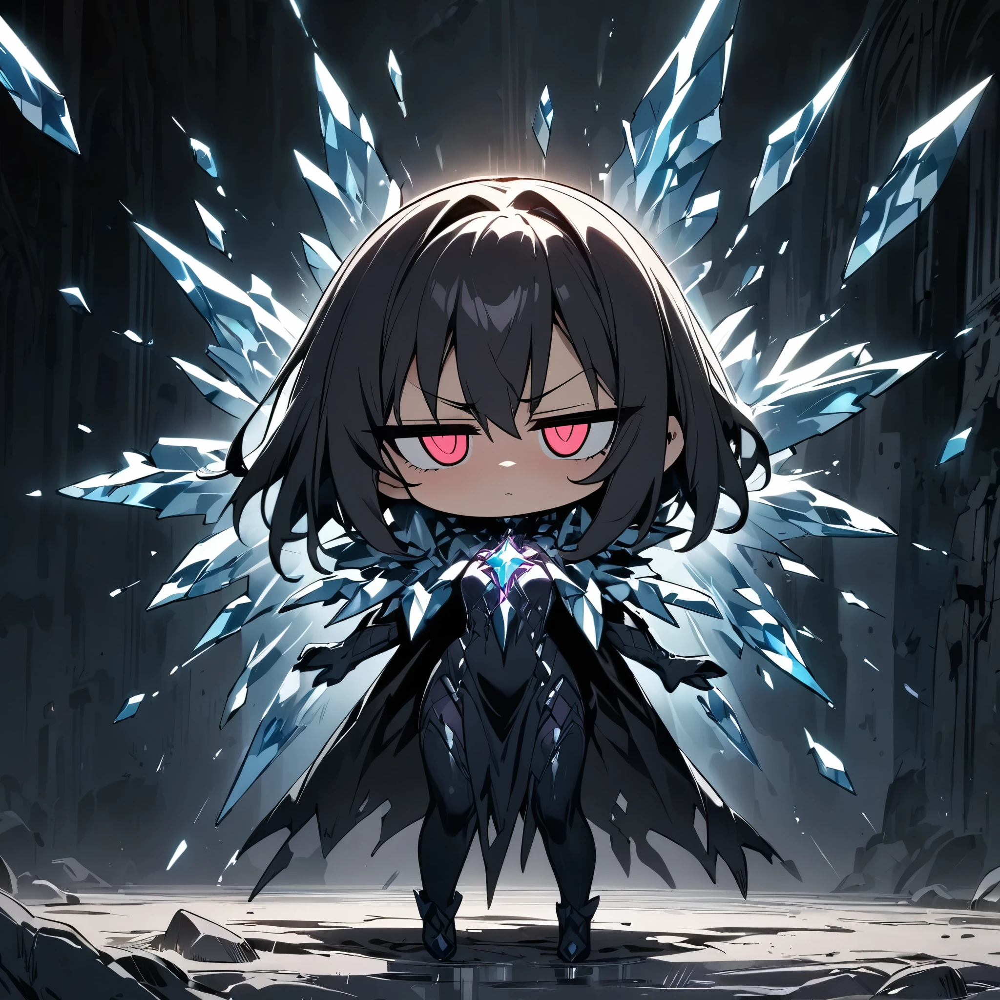 (masterpiece, best quality:1.2),ground shot,full body, crystal freezing girl, half-closed eyes, jitome ,intimidating eyes,Condescending eyes, solo,divine shine,dark gothic