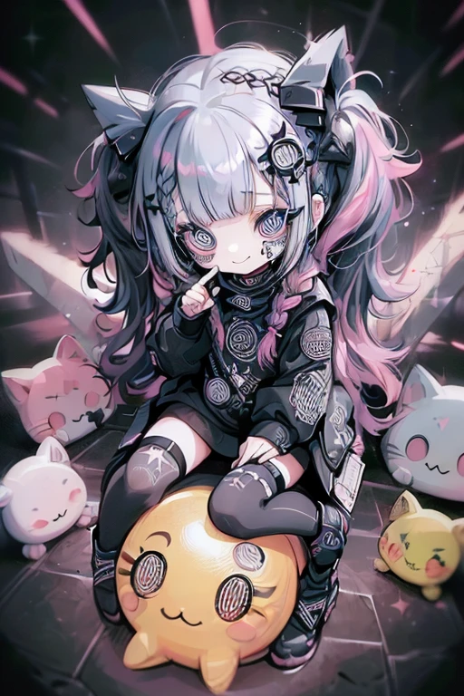 (stickers:1.4)，16k,Best Quality, masterpiece)，Alone,  ****ung Girl (cute, cute,Small ,smile, floating hair ,Hair Color,Twin tail braids,, Eye Color Is Cosmic ,Sparkling Eyes,Big Eyes,Damaged clothing, heavy metal costume,Pink),background(Simple,Monotony),Bruises and Gestures，