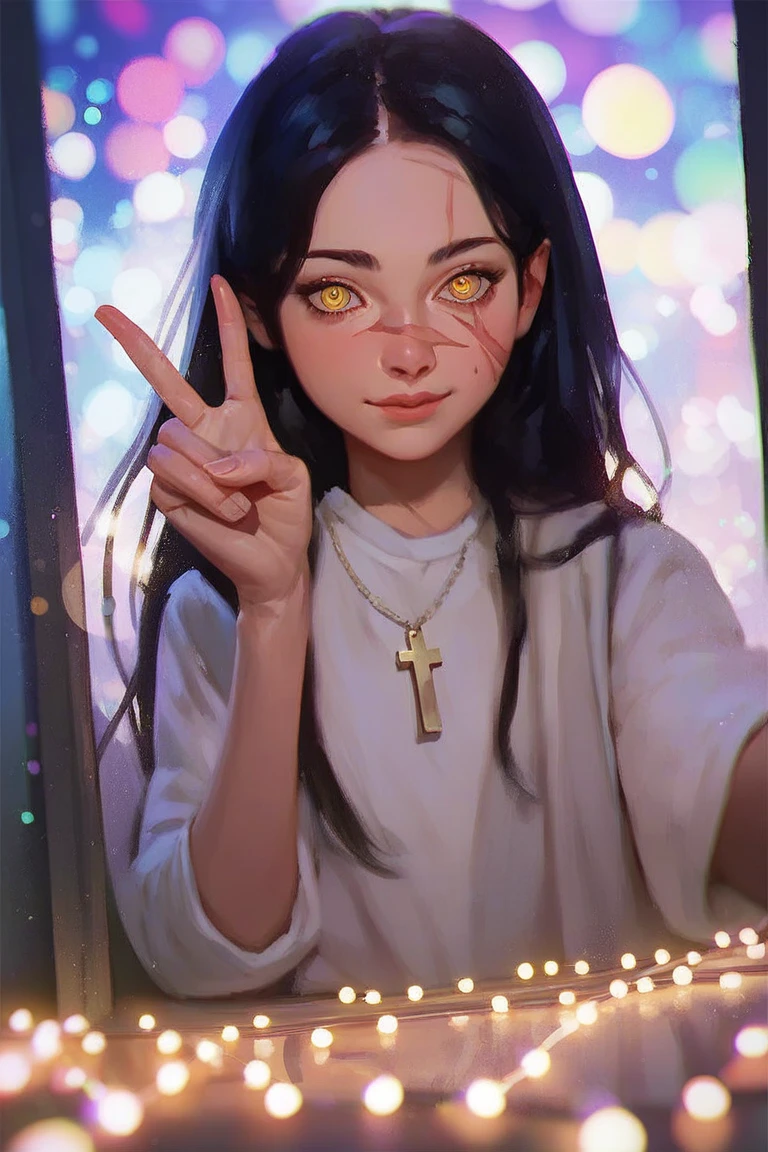 score_9, score_8_up, score_7_up, score_6_up, (masterpiece: 1.0), best quality, BREAK, 1girl, yoru, scar on cheek, cross scar, long hair, black hair, yellow eyes, ringed eyes, selfie, peace sign, mirror reflection, bounce lights, perfect anatomy, perfect composition, perfection