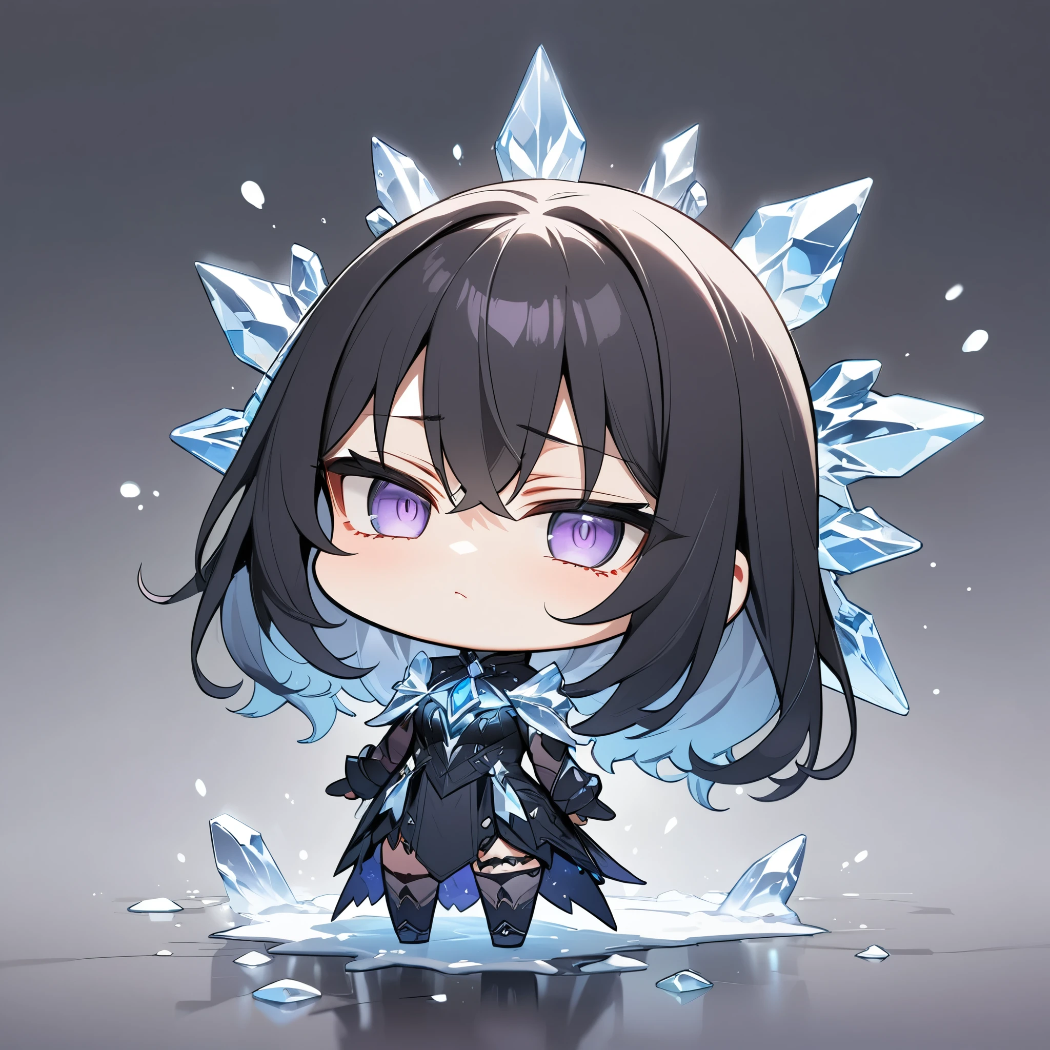 (masterpiece, best quality:1.2),ground shot,chibi,full body, crystal freezing girl, half-closed eyes, jitome ,intimidating eyes,Condescending eyes, solo,divine shine,dark gothic