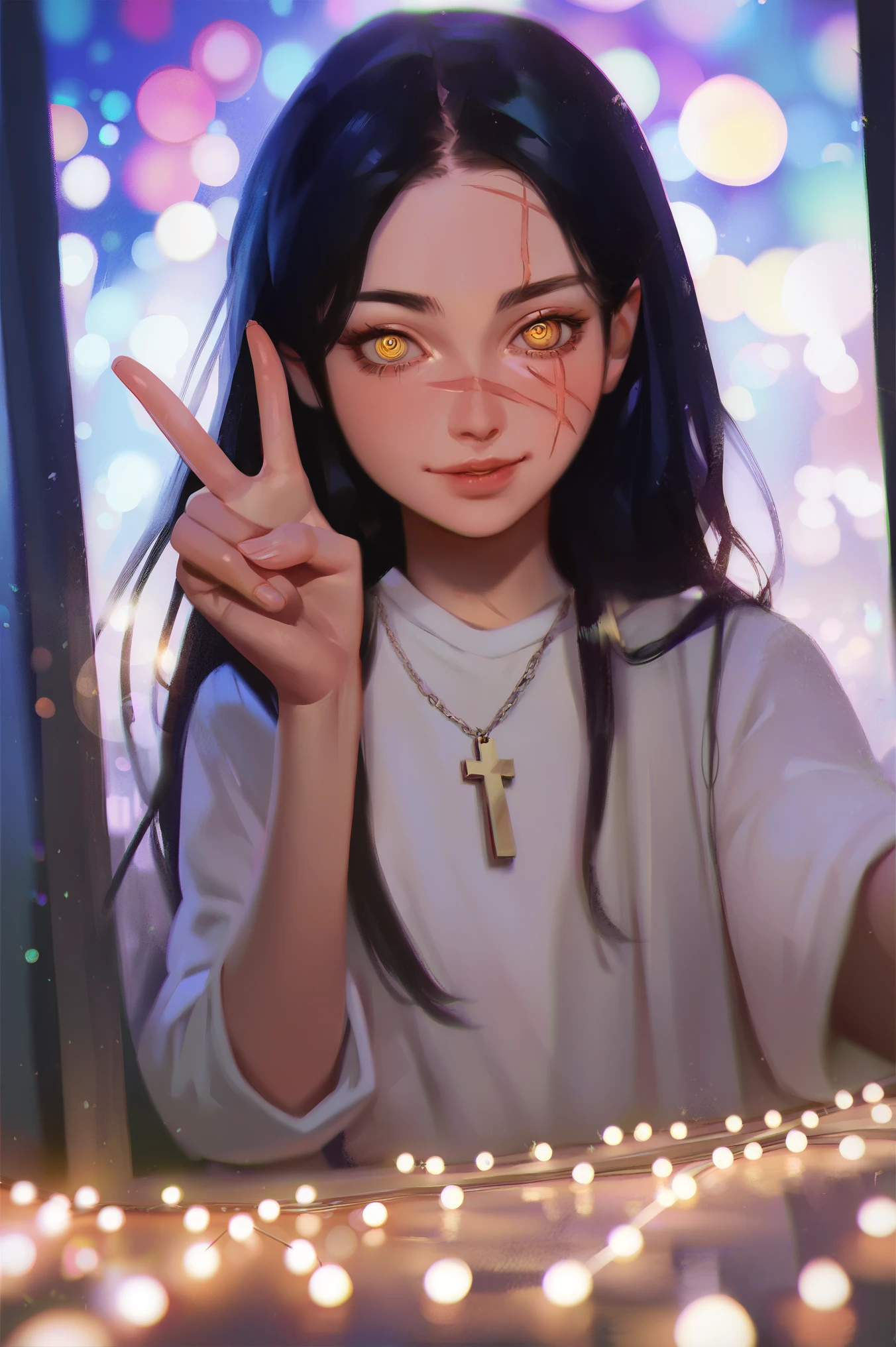 score_9, score_8_up, score_7_up, score_6_up, (masterpiece: 1.0), best quality, BREAK, 1girl, yoru, scar on cheek, cross scar, long hair, black hair, yellow eyes, ringed eyes, selfie, peace sign, mirror reflection, bounce lights, perfect anatomy, perfect composition, perfection