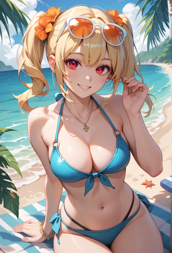  1girl, breasts, solo, eyewear on head, navel, looking at viewer, crop top, cleavage, smile, bikini, twintails, blonde hair, orange eyes,beach