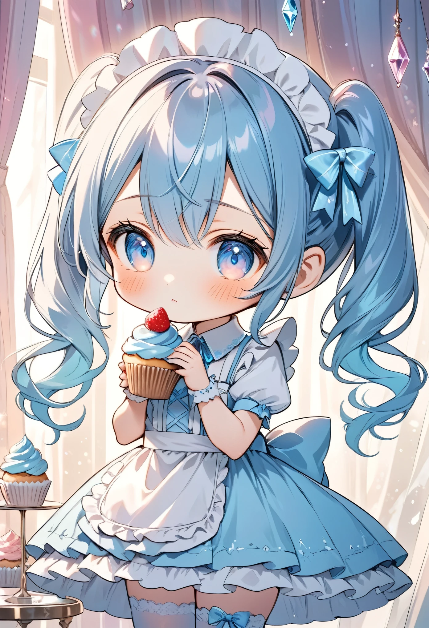 cute anime girl,crystal, chibi,twin-tails, blue hair, maid-inspired outfit, frilly dress with ribbons, white and blue color scheme, holding a cupcake, shy expression, intricate details, pastel colors, white stockings, lace and bow accents, elegant background with soft curtains, bright lighting, adorable pose, kawaii style, sweet and innocent vibe, delicate accessories, fantasy ambiance, soft glow