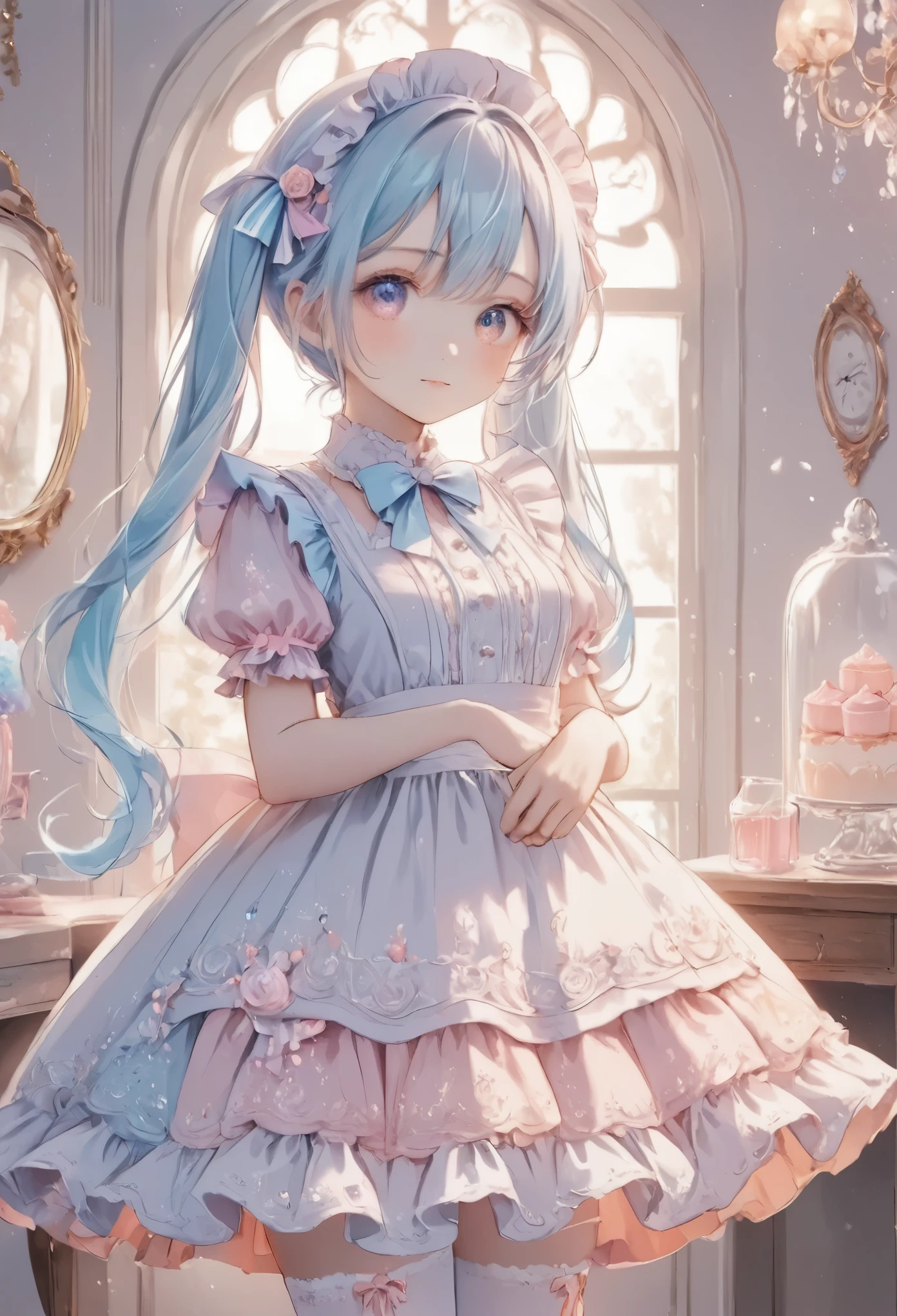 cute anime girl, crystal, pastel,
Low Fidelity (lofi) art style,
pastel pink and purple tones,
soft orange, twin-tails, blue hair, maid-inspired outfit, frilly dress with ribbons, white and blue color scheme, holding a cupcake, shy expression, intricate details, pastel colors, white stockings, lace and bow accents, elegant background with soft curtains, bright lighting, adorable pose, kawaii style, sweet and innocent vibe, delicate accessories, fantasy ambiance, soft glow