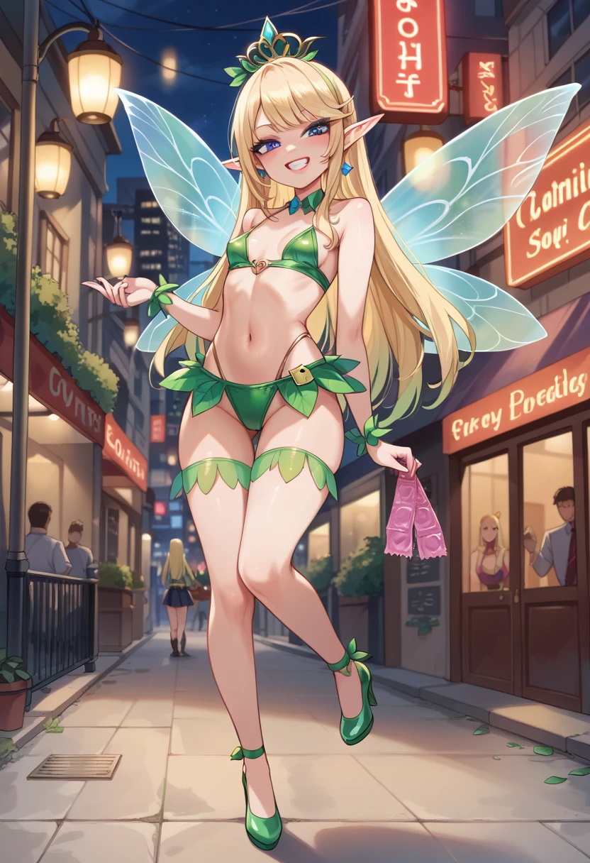 Score_9, score_8_up, 4k, 8k, detailed face, source_anime, smug fairy girl with small , young girl, skimpy outfit, flying, ass, sl prostituteore, city, nighttime, lantern, street, neon lights, red-light-district, prostitute, prostituutfit, makeuow, lipstick,
