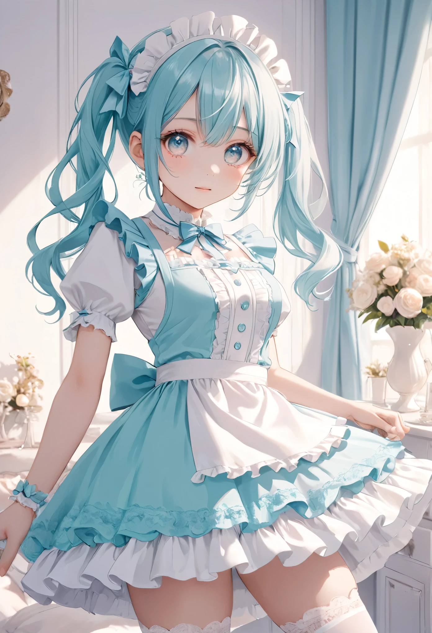 pastel,
theme color green, cute anime girl, twin-tails, blue hair, maid-inspired outfit, frilly dress with ribbons, white and blue color scheme, holding a cupcake, shy expression, intricate details, pastel colors, white stockings, lace and bow accents, elegant background with soft curtains, bright lighting, adorable pose, kawaii style, sweet and innocent vibe, delicate accessories, fantasy ambiance, soft glow