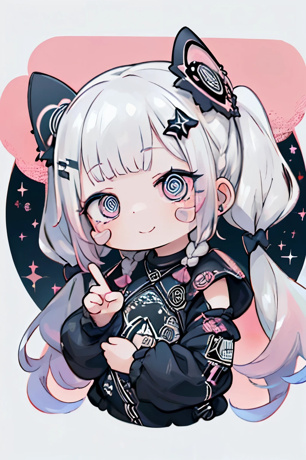 (stickers:1.4)，16k,Best Quality, masterpiece)，Alone,  ****ung Girl (cute, cute,Small ,smile, floating hair ,Hair Color,Twin tail braids,, Eye Color Is Cosmic ,Sparkling Eyes,Big Eyes,Damaged clothing, heavy metal costume,Pink),background(Simple,Monotony),Bruises and Gestures，