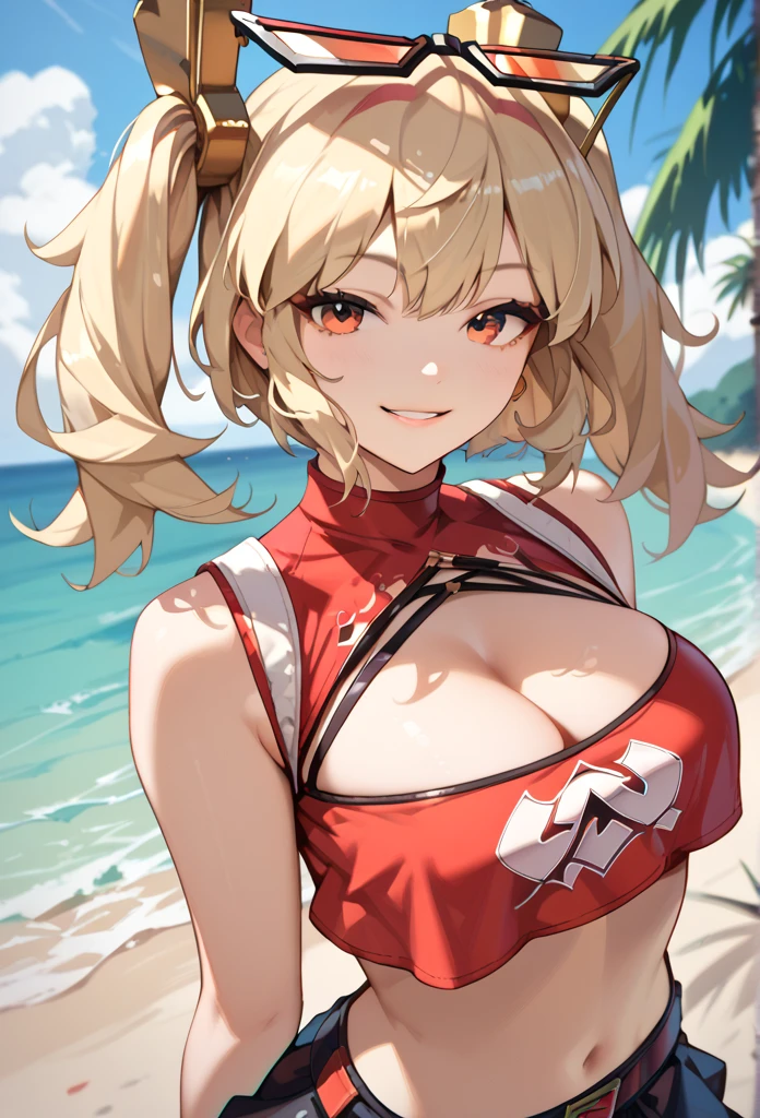  1girl, breasts, solo, eyewear on head, navel, looking at viewer, crop top, cleavage, smile, bikini, twintails, blonde hair, red eyes,beach