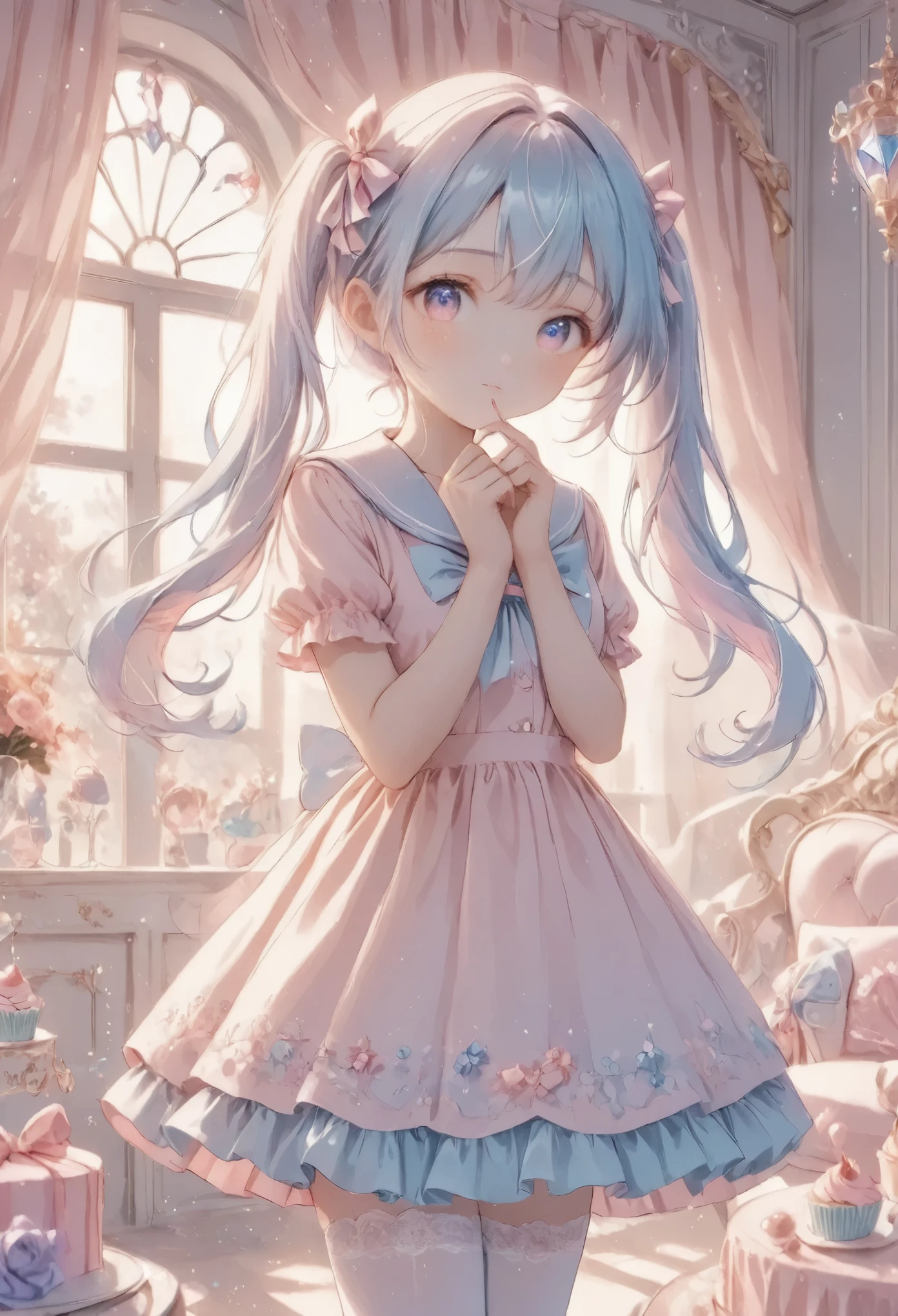 cute anime girl, crystal, pastel,
Low Fidelity (lofi) art style,
pastel pink and purple tones,
soft orange, twin-tails, blue hair, school sailor, holding a cupcake, shy expression, intricate details, pastel colors, white stockings, lace and bow accents, elegant background with soft curtains, bright lighting, adorable pose, kawaii style, sweet and innocent vibe, delicate accessories, fantasy ambiance, soft glow