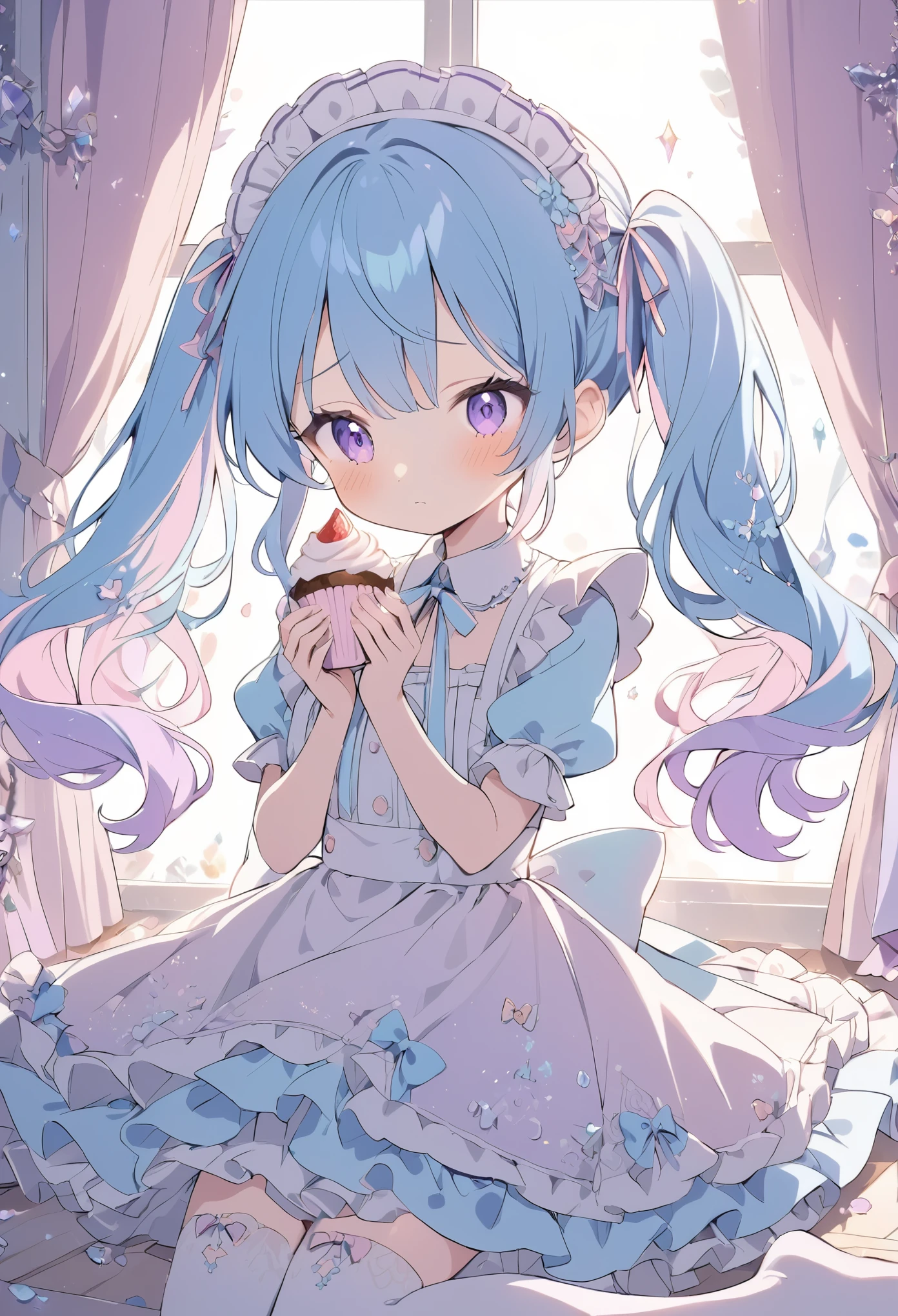 cute anime girl, crystal, pastel,
Low Fidelity (lofi) art style,
pastel pink and purple tones,
soft orange, twin-tails, blue hair, maid-inspired outfit, frilly dress with ribbons, white and blue color scheme, holding a cupcake, shy expression, intricate details, pastel colors, white stockings, lace and bow accents, elegant background with soft curtains, bright lighting, adorable pose, kawaii style, sweet and innocent vibe, delicate accessories, fantasy ambiance, soft glow