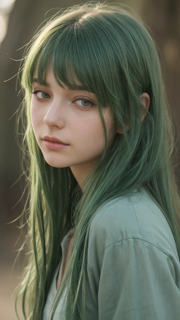 a girl. european. extremely detailed face. oval face. delicate features. long face. sad eyes half-closed. green eyes. long straight hair. messy hair. green hair. emotionless expression