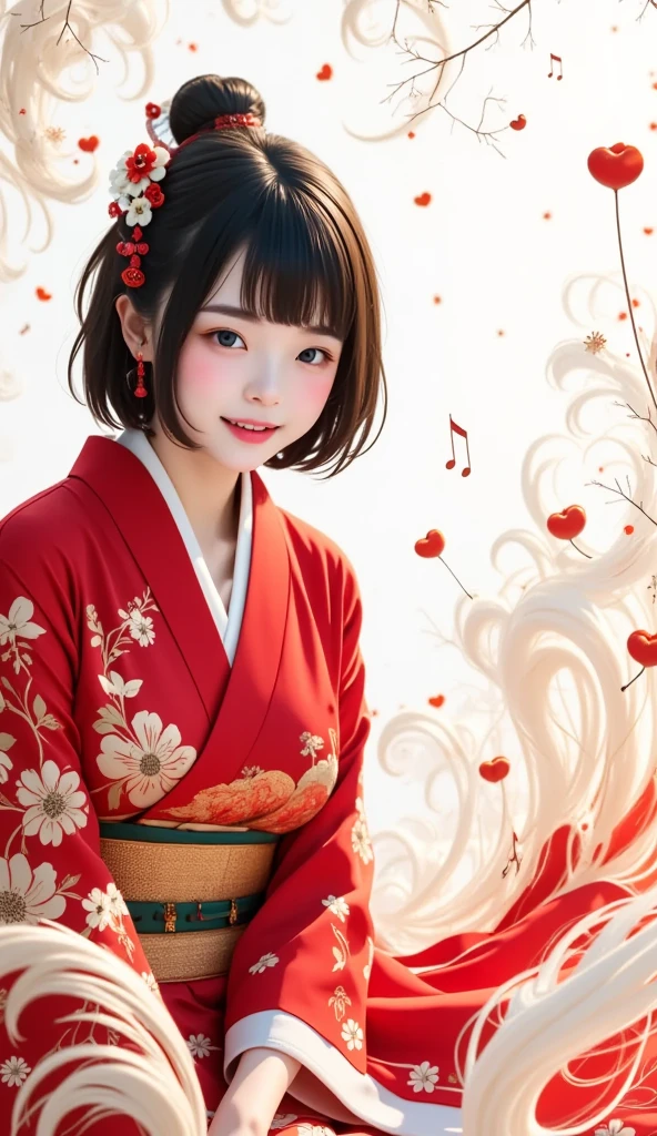 (((White background、White World)))、s、 Unity 8K Wallpaper 、Super detailed、Beautiful, beautiful、masterpiece、Best Quality、(Tangleた、Mandala、Tangle、Tangle)、( Fractal Art :1.3)、 one girl playing pranks、 beautiful dark hair 、Japanese、Big Pink、 red kimono、Japanese clothing、 very detailed、 Dynamic Angle、 Cowboy Shots 、 The most beautiful things that shape chaos 、 elegant、 flying design 、 bright colors、Romance、 vibe、Ecstasy Note、Streaming music notes are displayed、(((White background、pure White background、)))