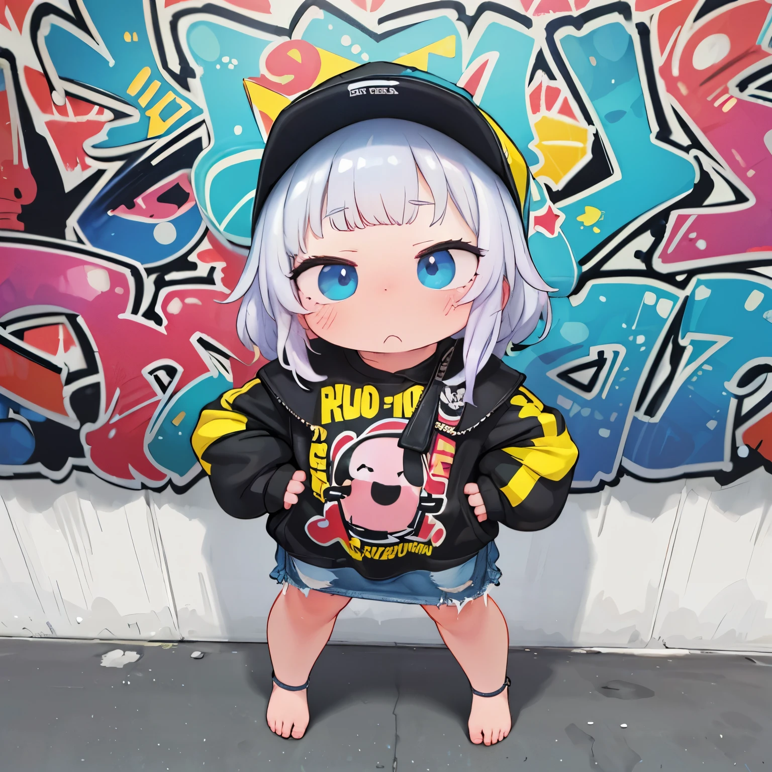 alley、(Super detailed)、(32K)、(( hip hop fashion))、(Graffiti wall)、(Esbian Full Body)、( very detailed face)、(Detailed feet)、(  detailed explanation )、(Cold Face)、( is standing)