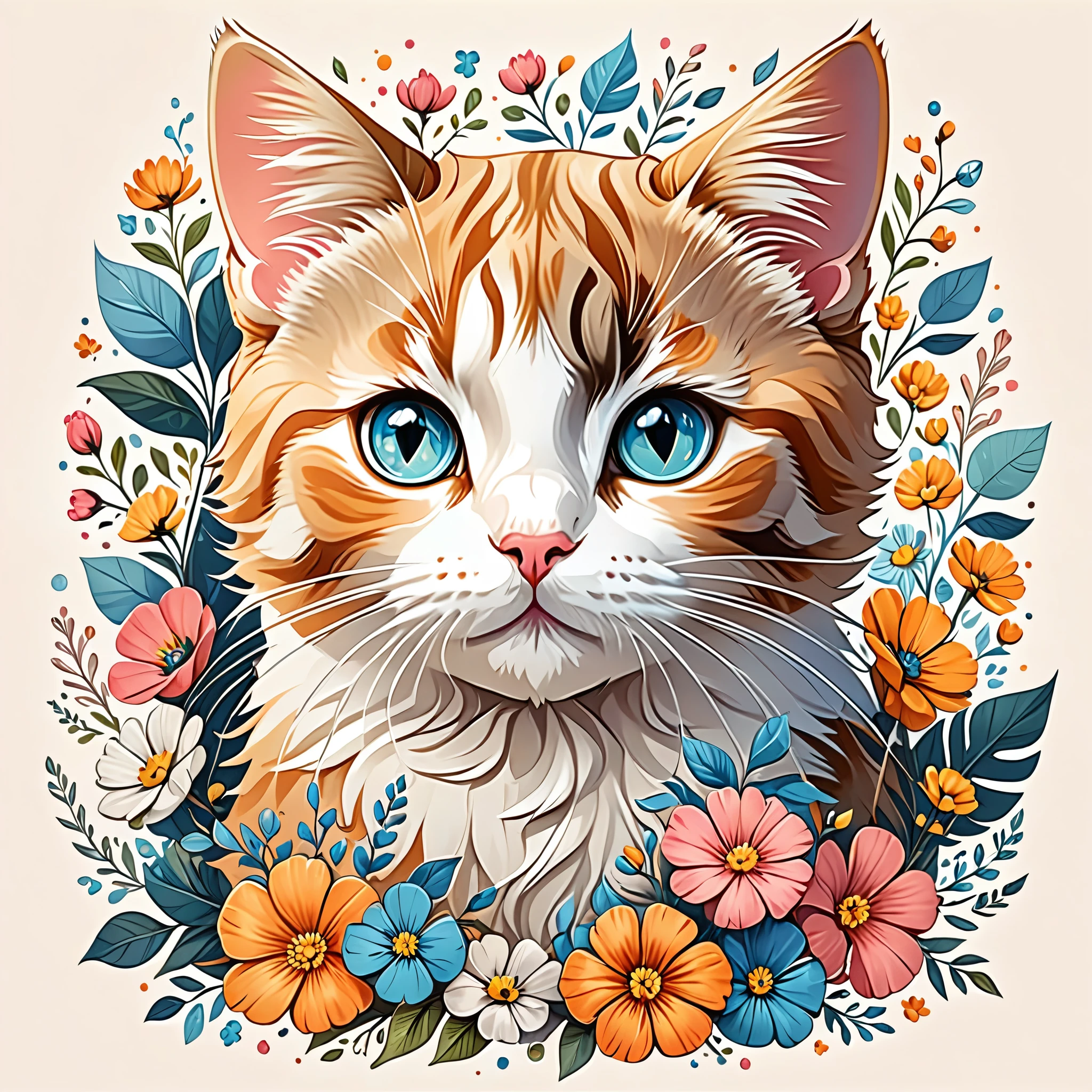 Design com arte vetorial, cute cat illustration , In the center, High Details ,