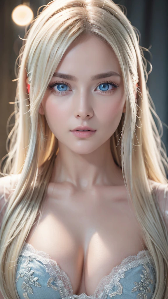(highest quality, High resolution, masterpiece :1.3), 25-year-old Caucasian woman、platinum blonde、blue eyes、semi-long、my hair is wavy、Hair is tied up、smile、Slender but well-proportioned muscular body、wearing red nail polish、open lips、putting index finger on lips、Upper body close-up
