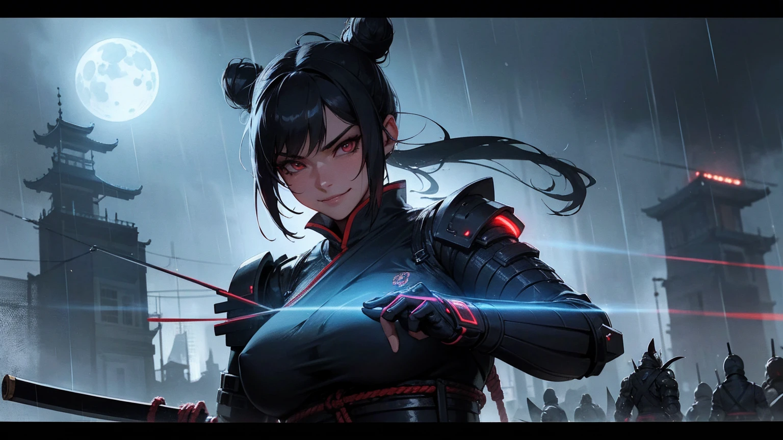 2 highly muscular female futuristic cyberpunk Samurai with 1 katana, the upper coltes are made of net. micro thorso, smiling, detailed abs and muscles, detailed face, dark outfit, double hairbuns, serious expression, Smiling, glowing katana blade in hands or back, dynamic pose/pov, on a chinese ancient roof, Fullmoon, its raining and wet, in a misty olde chines village at night dark moody lighting, cinematic angle, hyperrealistic, digital art, illustrationUHD, masterpiece, accurate, textured skin, anatomically correct, high details, high quality, award winning, super detail, best quality, highres, 16k
Warte auf Start 
