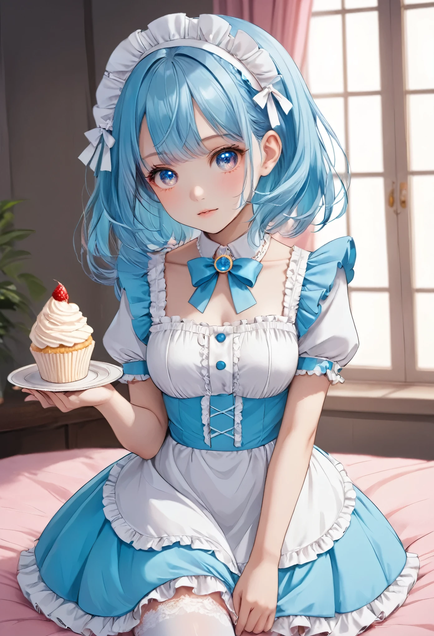 pop art, cute anime girl, twin-tails, blue hair, maid-inspired outfit, frilly dress with ribbons, white and blue color scheme, holding a cupcake, shy expression, intricate details, pastel colors, white stockings, lace and bow accents, elegant background with soft curtains, bright lighting, adorable pose, kawaii style, sweet and innocent vibe, delicate accessories, fantasy ambiance, soft glow