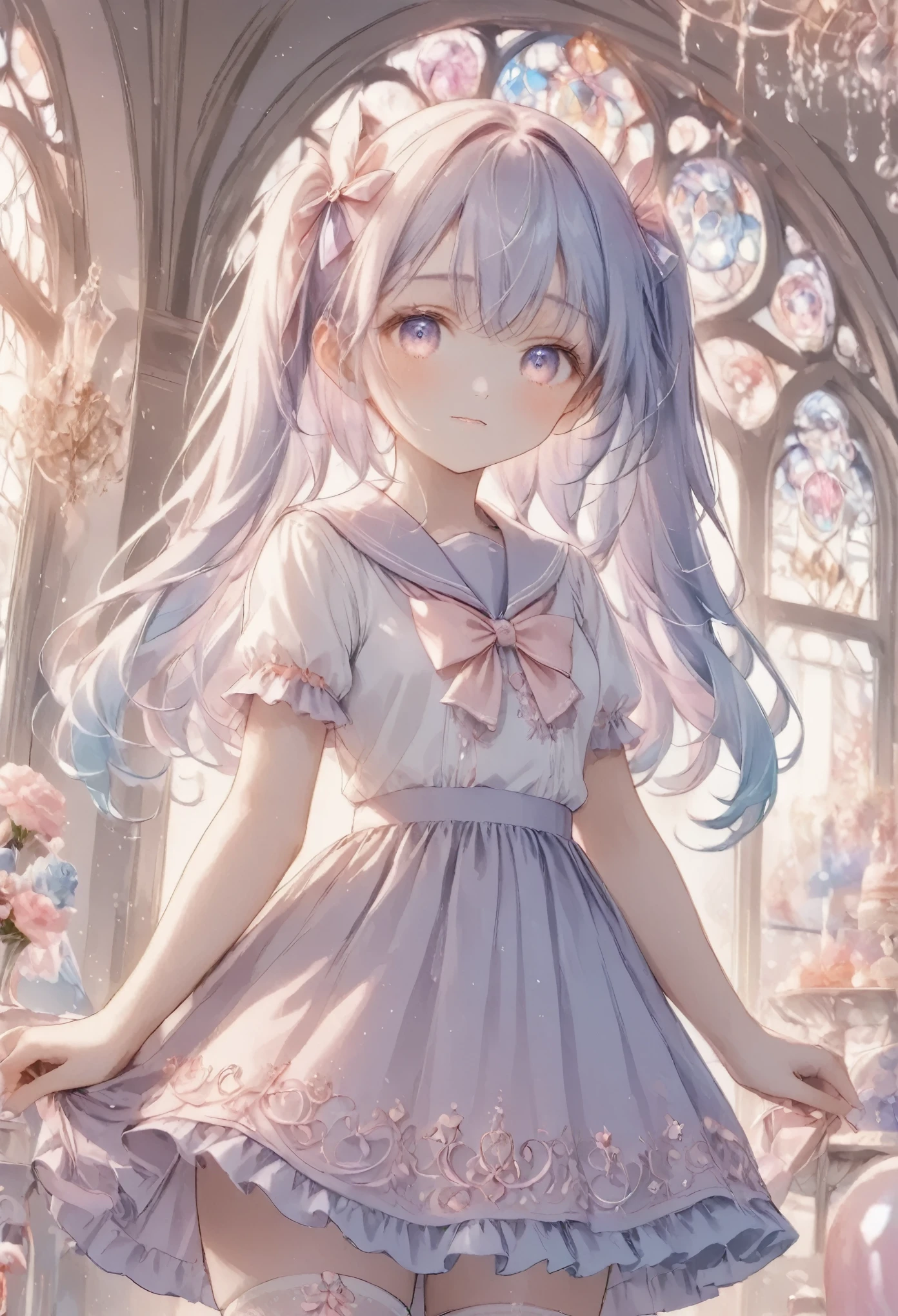 cute anime girl, crystal, pastel,
Low Fidelity (lofi) art style,
pastel pink and purple tones,
soft orange, twin-tails, mauve blue hair, school sailor, holding a cupcake, shy expression, intricate details, pastel colors, white stockings, lace and bow accents, elegant background with soft curtains, bright lighting, adorable pose, kawaii style, sweet and innocent vibe, delicate accessories, fantasy ambiance, soft glow