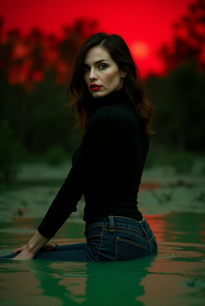  Mature Woman, gloomy orgasm , turtlenecks and flared jeans , drowning in a swamp of quicksand, green,red,sky, red lips, turns around, provocative photo shoot 