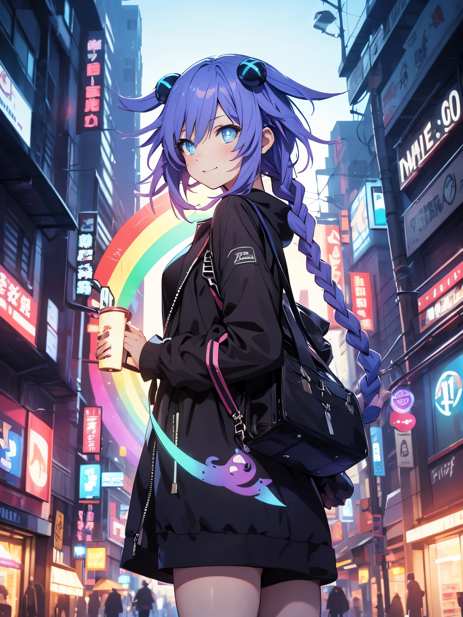 Masterpiece picture quality,Rainbow,Urban girl,ssmile,number art,style of anime,Retro anime girl,Punk girl,in an anime style,dual horsetail,Trendy,neonlight,depth of fields, Primer plano,