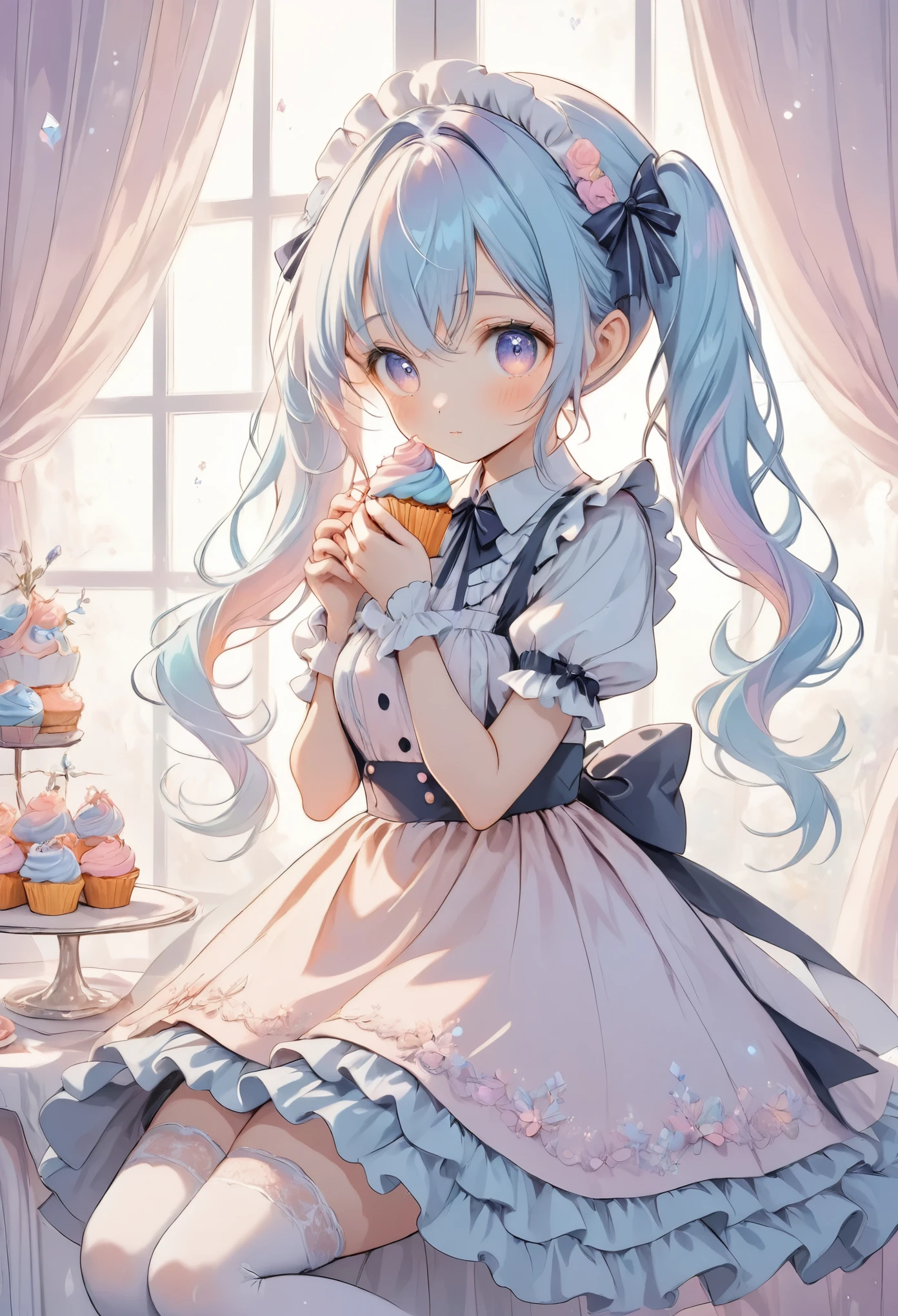 cute anime girl, crystal, pastel,
Low Fidelity (lofi) art style,
pastel pink and purple tones,
soft orange, twin-tails, blue hair, maid-inspired outfit, frilly dress with ribbons, white and blue color scheme, holding a cupcake, shy expression, intricate details, pastel colors, white stockings, lace and bow accents, elegant background with soft curtains, bright lighting, adorable pose, kawaii style, sweet and innocent vibe, delicate accessories, fantasy ambiance, soft glow