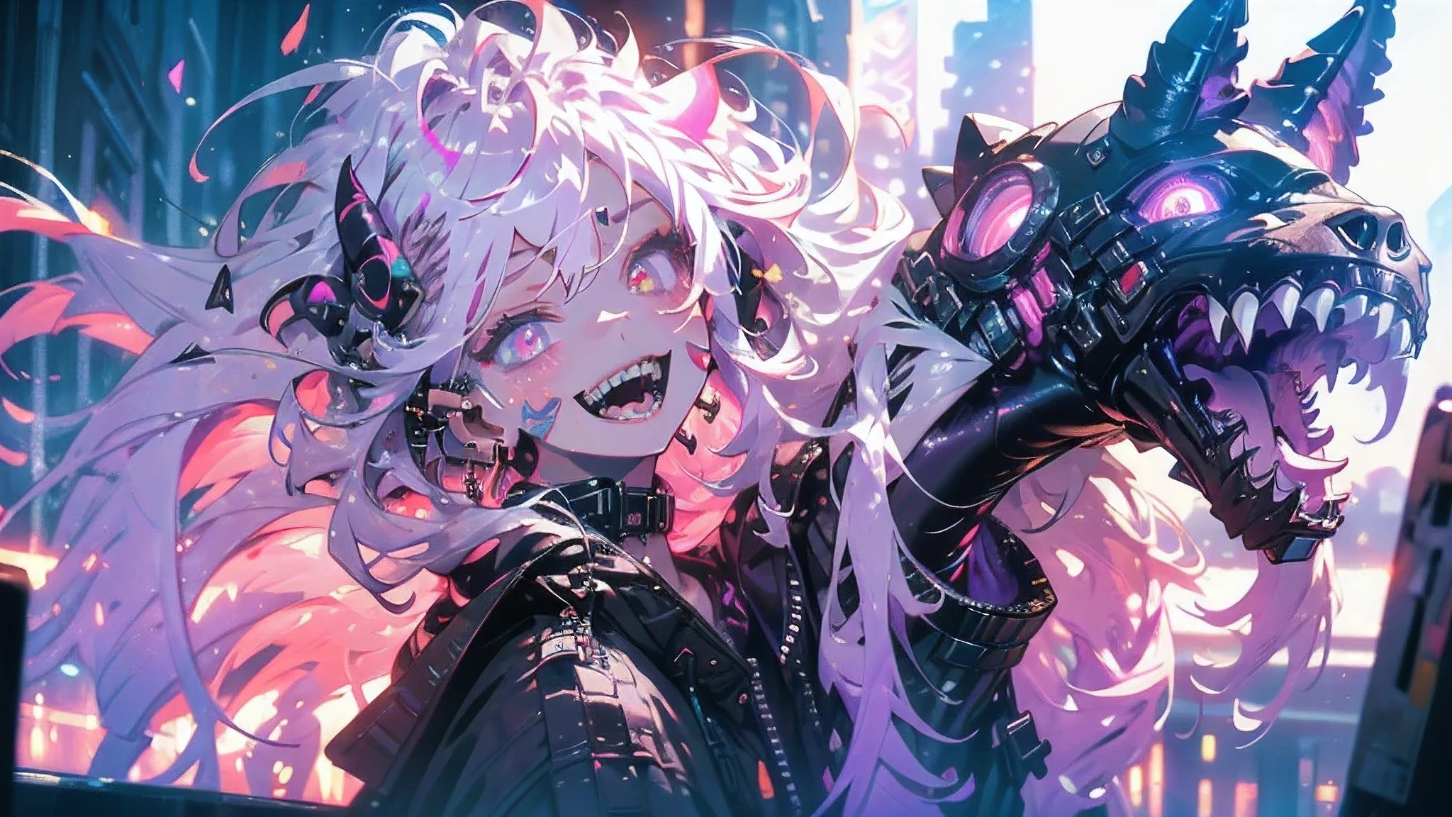 A girl, textured skin , ultra high definition, Very Detailed , Top Quality , high res, masterpiece, dark hair , purple hair , Gradient Color Hairstyles, Messy hair, big boobs, earring, Golden eyes, Ultra Wide Angle , Horn of the Beast , Cinematic Lighting Effects , shading, surrealism, ((( perfect face ))), ((( Various Hair Colors )))