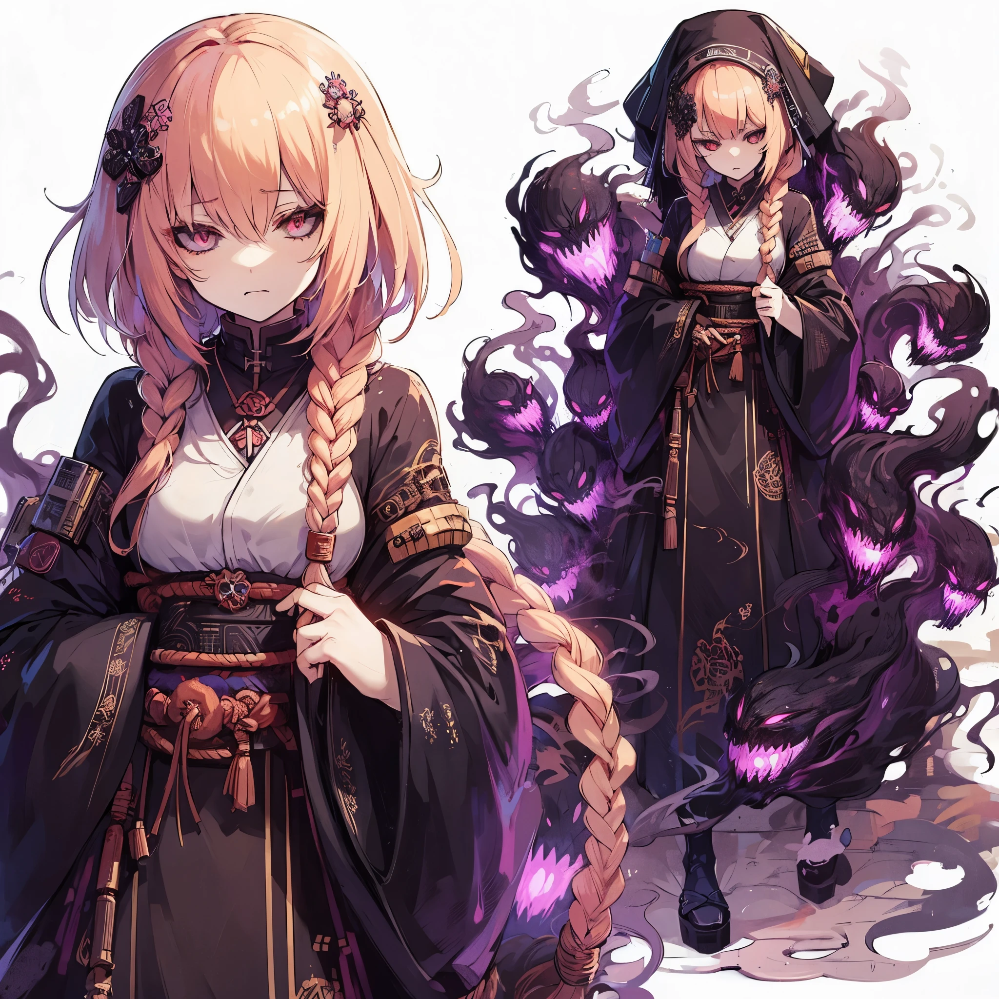 (masterpiece, Best Quality), (detailed hairs), Ultra-detailed, Anime style, Full body, Solo, very massive, muscular, Cyberpunk shadow maiden, light peach hair in a single braid, narrow eyes, sleepy standing, wearing Japanese nun’s habit, dark purple cyberpunk kimono, Eyes blazing with hellfire, limb changed huge claws and Devil's wings extending from the back. Shadows boiling and seething at Her feet, shadow hiding countless eyes and fanged maw, white background, whole body,
