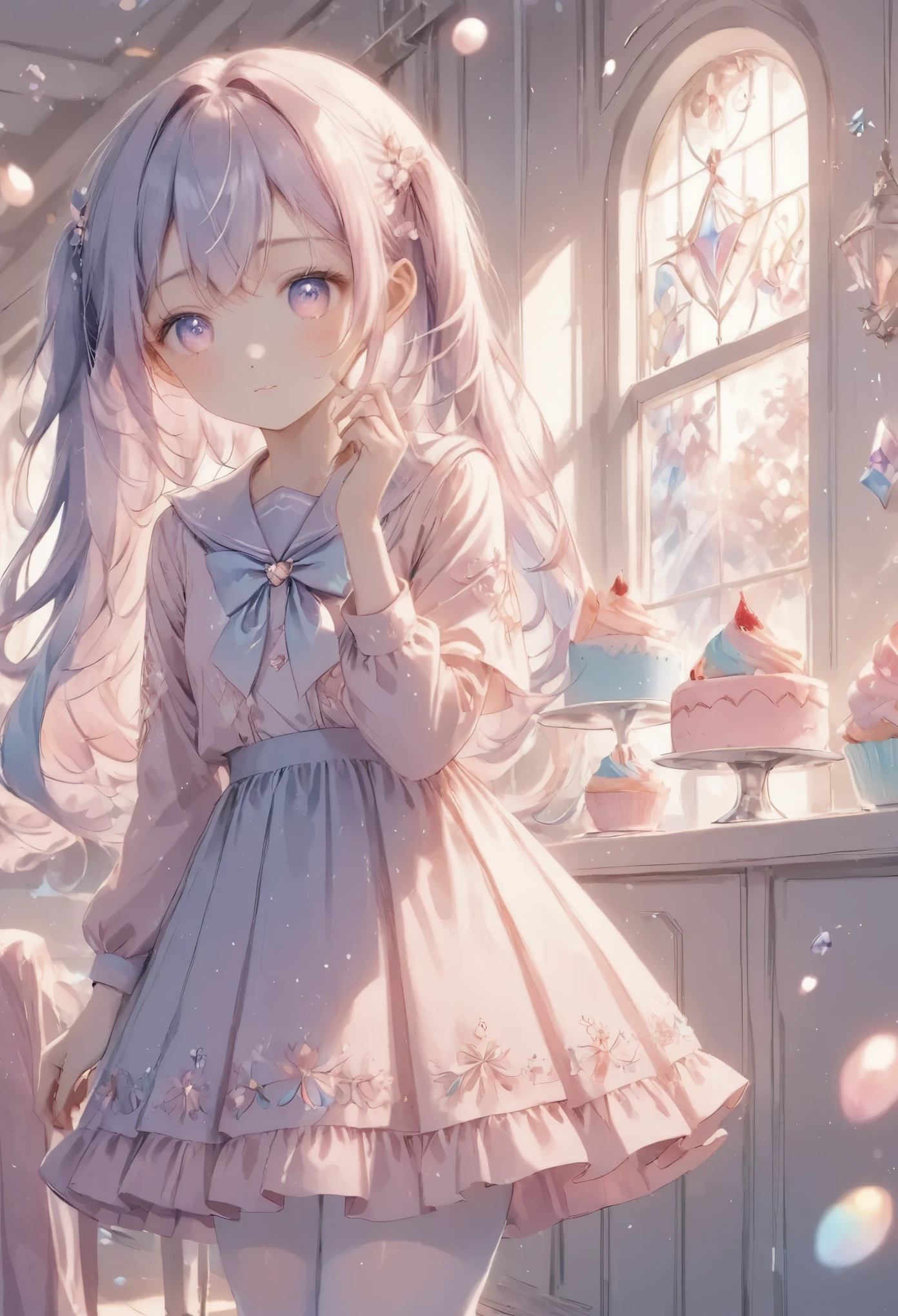 cute anime girl, crystal, pastel,
Low Fidelity (lofi) art style,
pastel pink and purple tones,
soft orange, twin-tails, mauve blue hair, school sailor, holding a cupcake,sulky look, intricate details, pastel colors, white stockings, elegant background with soft curtains, bright lighting, adorable pose, kawaii style, sweet and innocent vibe, delicate accessories, fantasy ambiance, soft glow